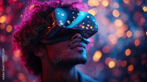 Profile of person with VR headset in glowing ambiance photo