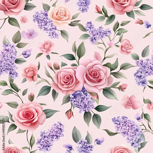 A beautiful, floral pattern featuring pink roses and lavender blooms on a soft, light background, ideal for decoration or textile design.