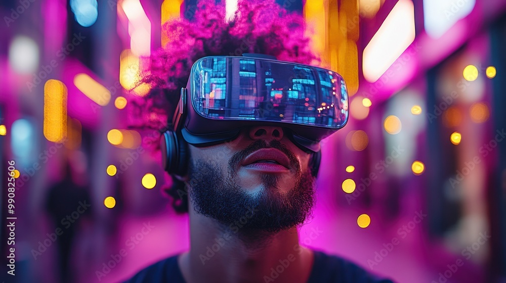 Person fronts a VR headset engulfed in neon lights scene Person fronts a VR headset engulfed in neon lights scene