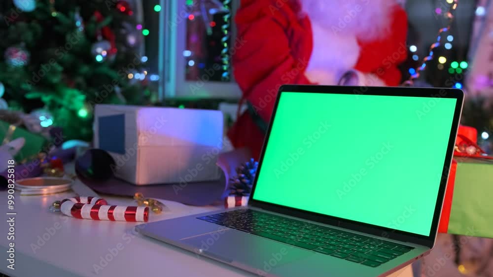 Open laptop with green screen place for Xmas ad, on blurred background with Santa packing gifts near Christmas tree. Open laptop with green screen place for Xmas ad, on blurred background with Santa packing gifts near Christmas tree.