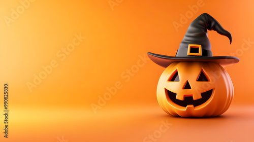  Halloween background with pumpkin wearing a witch with copy space for text