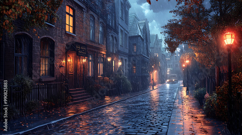 Rain falling on a quaint village street with charming shops, flowers, and umbrellas in use