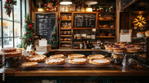 A cozy bakery display with various pastries and pies, inviting customers to indulge.