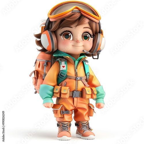 A cute cartoon character wearing winter gear, ready for adventure with colorful attire and a cheerful expression. photo