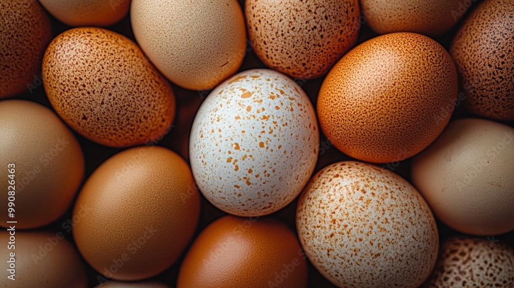 A fresh pile of various eggs arranged beautifully from an overhead perspective A fresh pile of various eggs arranged beautifully from an overhead perspective