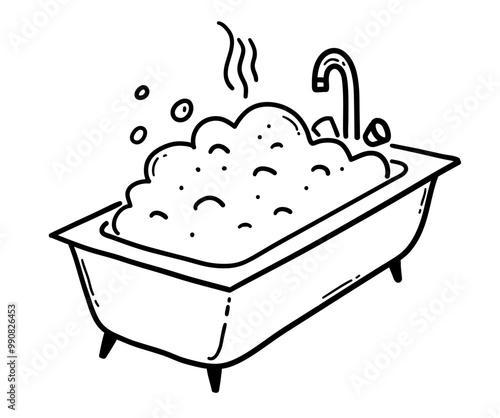Line art vector illustration of bathtub with soap foam