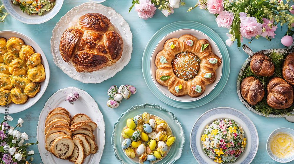 Easter brunch spread with a variety of dishes, pastries, and spring-themed decorations on the table Easter brunch spread with a variety of dishes, pastries, and spring-themed decorations on the table