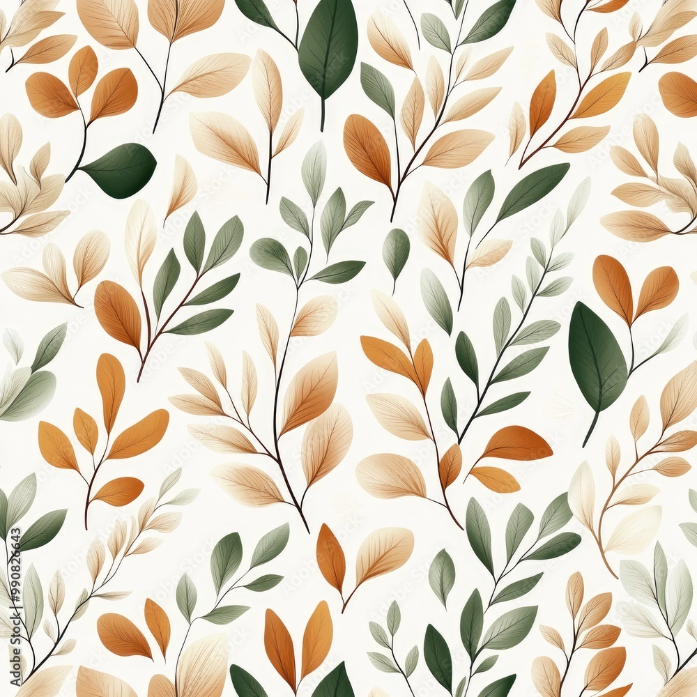 A vibrant pattern featuring leafy branches in shades of green, orange, and beige against a light background, evoking a natural, fresh atmosphere. A vibrant pattern featuring leafy branches in shades of green, orange, and beige against a light background, evoking a natural, fresh atmosphere.