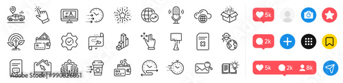 Work home, Timer and Microphone line icons pack. Social media icons. Time schedule, Delete file, Open box web icon. Move gesture, Execute, Target path pictogram. Card, Table lamp, Comments. Vector