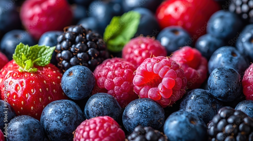 A close-up view of fresh mixed berries including strawberries, blueberries, raspberries, and blackberries with mint leaves A close-up view of fresh mixed berries including strawberries, blueberries, raspberries, and blackberries with mint leaves