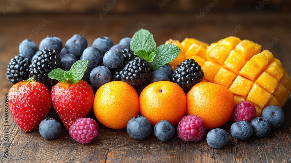 Vibrant arrangement of fresh fruits including strawberries, blueberries, blackberries, and mango on rustic wooden surface Vibrant arrangement of fresh fruits including strawberries, blueberries, blackberries, and mango on rustic wooden surface