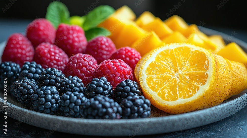 A vibrant platter of fresh fruits featuring raspberries, blackberries, oranges, and mangoes arranged elegantly for a summer gathering A vibrant platter of fresh fruits featuring raspberries, blackberries, oranges, and mangoes arranged elegantly for a summer gathering