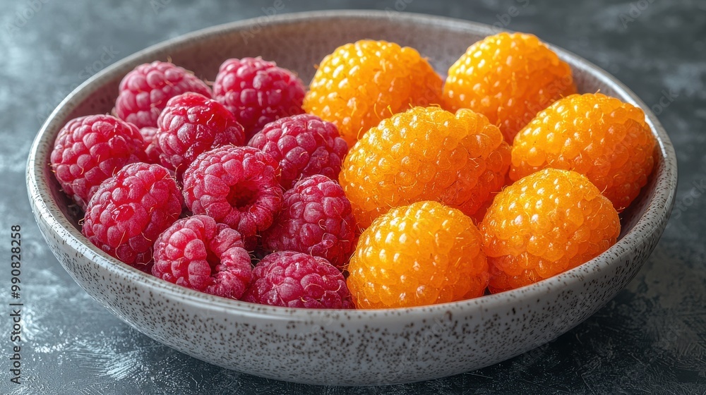 A bowl of fresh raspberries and golden raspberries on a dark textured surface A bowl of fresh raspberries and golden raspberries on a dark textured surface