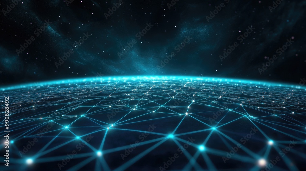 A vibrant digital landscape depicting a network of connections on a glowing horizon, set against a cosmic backdrop of stars and space. A vibrant digital landscape depicting a network of connections on a glowing horizon, set against a cosmic backdrop of stars and space.