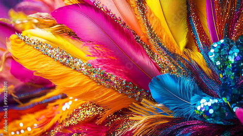 background with a close-up of colourful feathers, sequins, and beads, used in elaborate carnival costumes