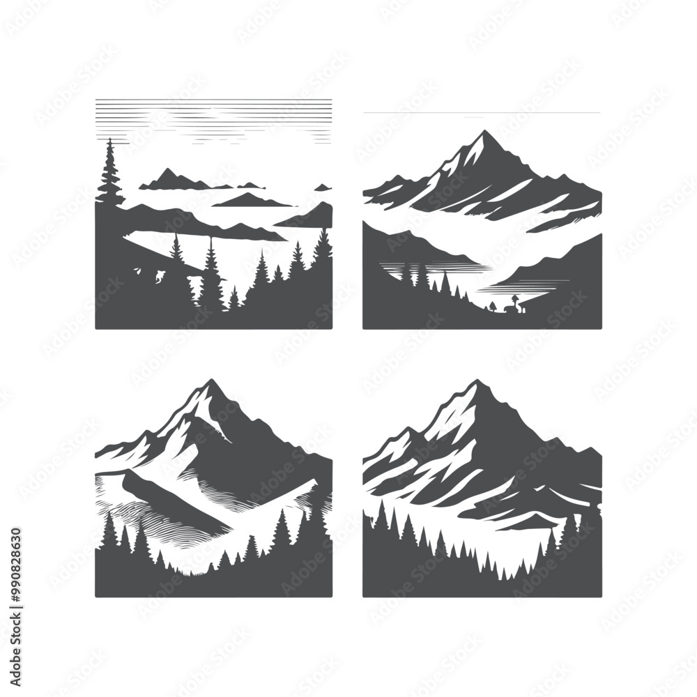 Fototapeta premium A set of mountains silhouette vector art illustration isolated on a white background