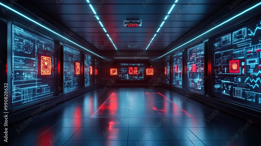 A futuristic corridor with glowing blue and red digital screens displaying complex data and patterns, creating a high-tech ambiance. A futuristic corridor with glowing blue and red digital screens displaying complex data and patterns, creating a high-tech ambiance.