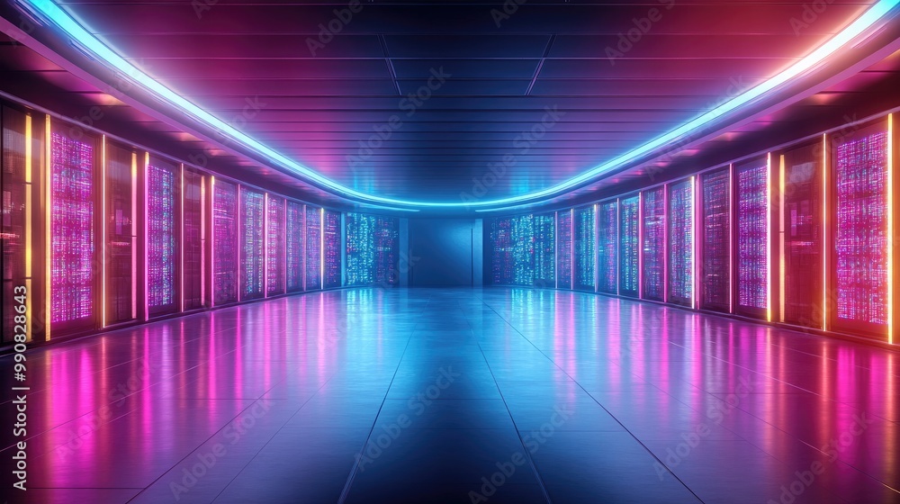 A futuristic data center featuring glowing pink and blue lights along server racks, creating a vibrant, high-tech atmosphere. A futuristic data center featuring glowing pink and blue lights along server racks, creating a vibrant, high-tech atmosphere.