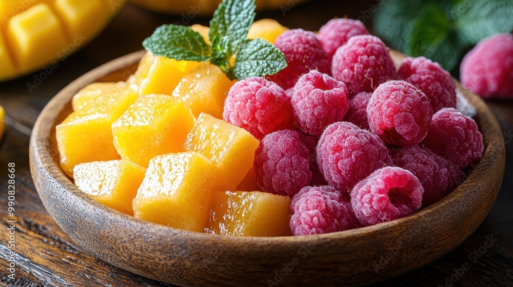 Fresh mango and raspberry mix served in a wooden bowl with mint garnish on a rustic wooden table Fresh mango and raspberry mix served in a wooden bowl with mint garnish on a rustic wooden table