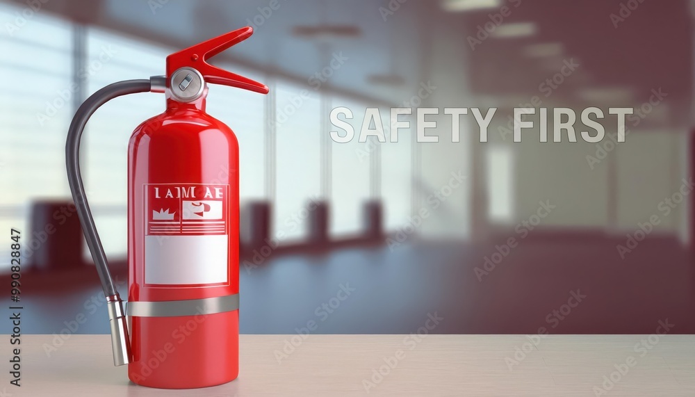 Red fire extinguisher in modern office environment, safety first. Red fire extinguisher in modern office environment, safety first.