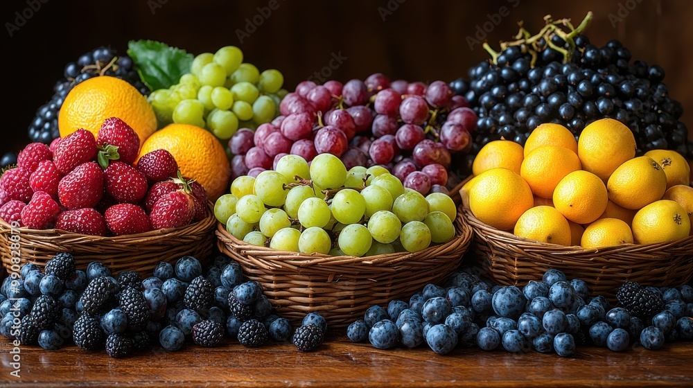 Fresh assortment of fruits displayed in baskets, showcasing vibrant colors and textures in a rustic setting Fresh assortment of fruits displayed in baskets, showcasing vibrant colors and textures in a rustic setting