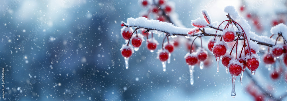 Snow-Covered Red Berries on Winter Branch with Icicles and Falling Snowflakes Snow-Covered Red Berries on Winter Branch with Icicles and Falling Snowflakes