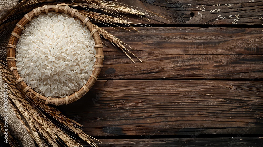 A close-up shot of white rice in a woven basket on a rustic wooden background with wheat sheaves. A close-up shot of white rice in a woven basket on a rustic wooden background with wheat sheaves.