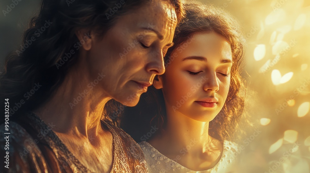 Aging woman and girl in serene shared meditation. Aging woman and girl in serene shared meditation.