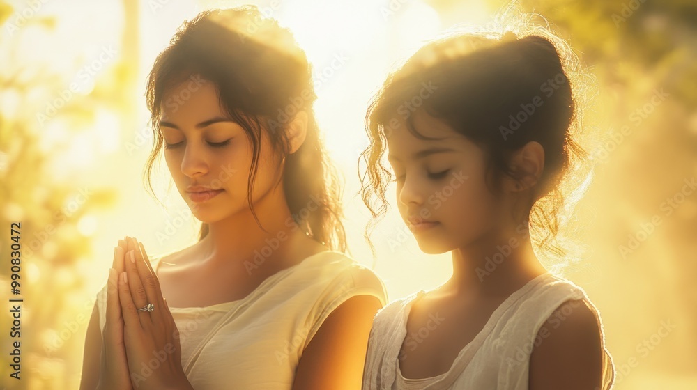 Sisters in meditative prayer under golden sunlight Sisters in meditative prayer under golden sunlight