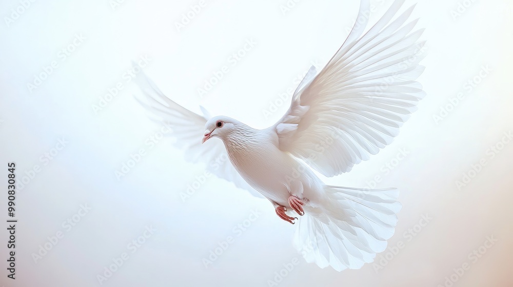 Fototapeta premium Focused shot of a white dove delicate wings in mid-flight, symbolizing freedom and grace. No logo, clean background.