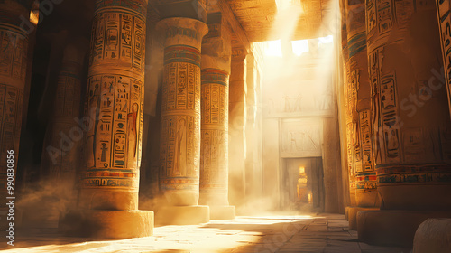 Sunlight streams through the columns of an ancient egyptian temple, illuminating hieroglyphs and statues. Egyptian Hieroglyphics. Illustration