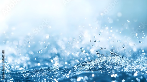 Blue water splash with droplets, abstract liquid background.