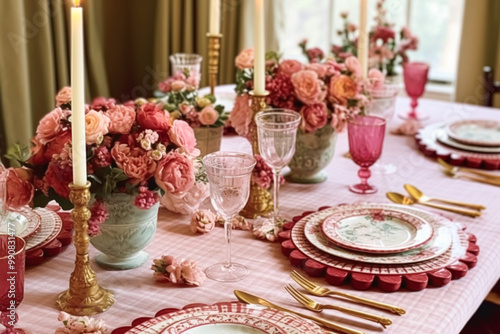 Romantic holiday tablescape, formal dinner table setting, table scape with pink country style decoration for wedding and event celebration, post-processed, generative ai