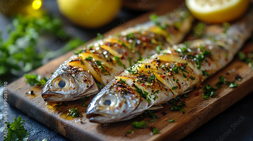 Grilled sardines served with lemon and olive oil on a rustic board Grilled sardines served with lemon and olive oil on a rustic board