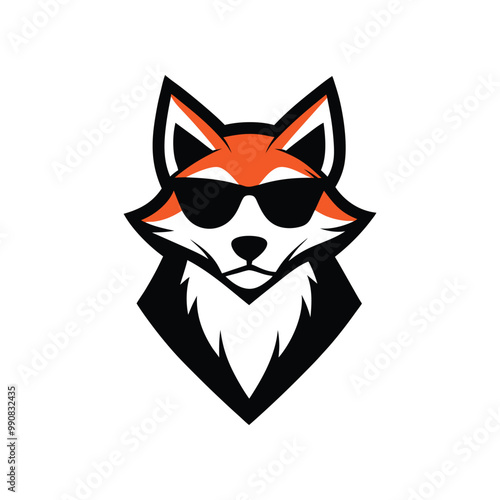 Cartoon fox head stylized with geometric orange and white design wearing cool sunglasses a sleek minimalist mascot with sharp angles on white background