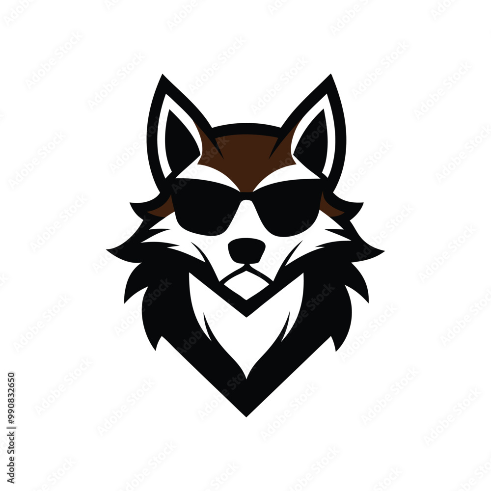 Fototapeta premium Stylized fox head logo with sharp geometric shapes in black and white wearing cool sunglasses a sleek modern minimalist mascot with symmetrical composition