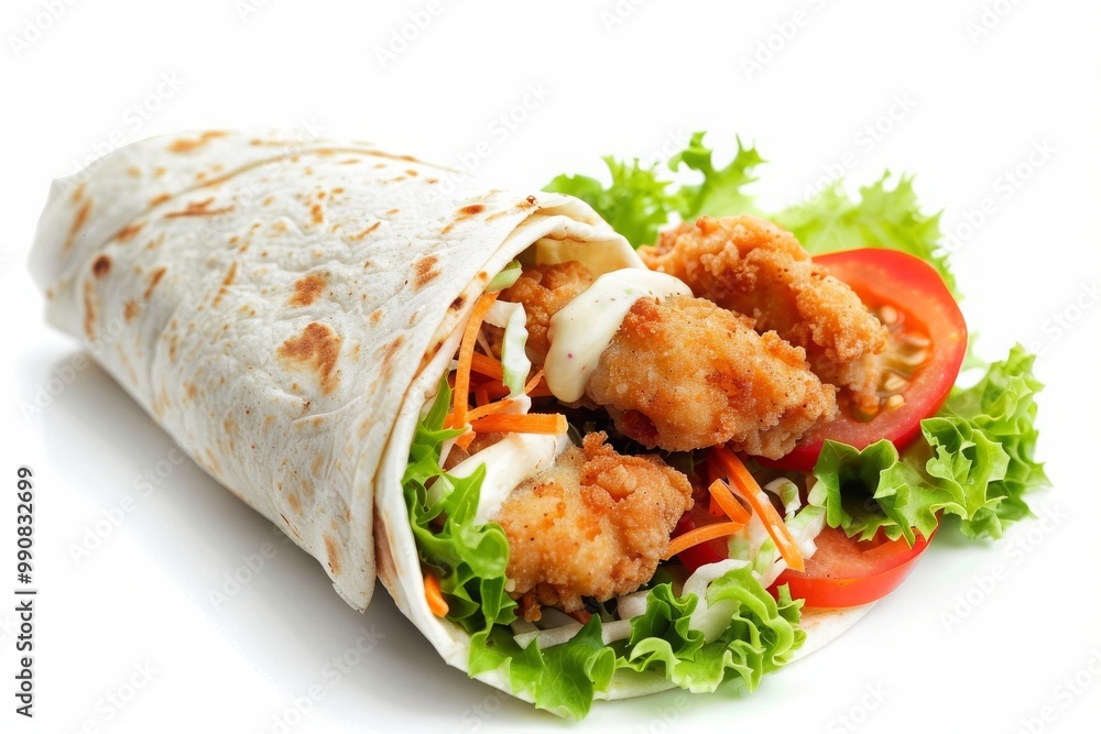 chicken tender wrap coleslaw, tomato slices, mayonnaise isolated on white chicken tender wrap coleslaw, tomato slices, mayonnaise isolated on white