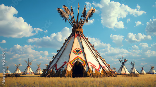 Symmetrical native american lodge pole structure on sac fox reservation pow wow grounds in padonia, kansas. Native American Powwow. Illustration photo