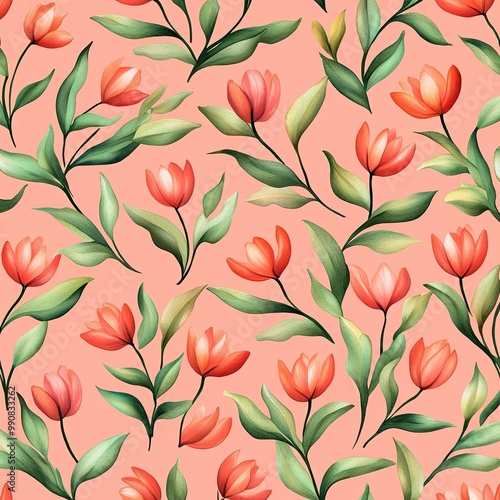 A vibrant floral pattern featuring blooming tulips and lush green leaves on a soft coral background, perfect for textiles and decorative designs.