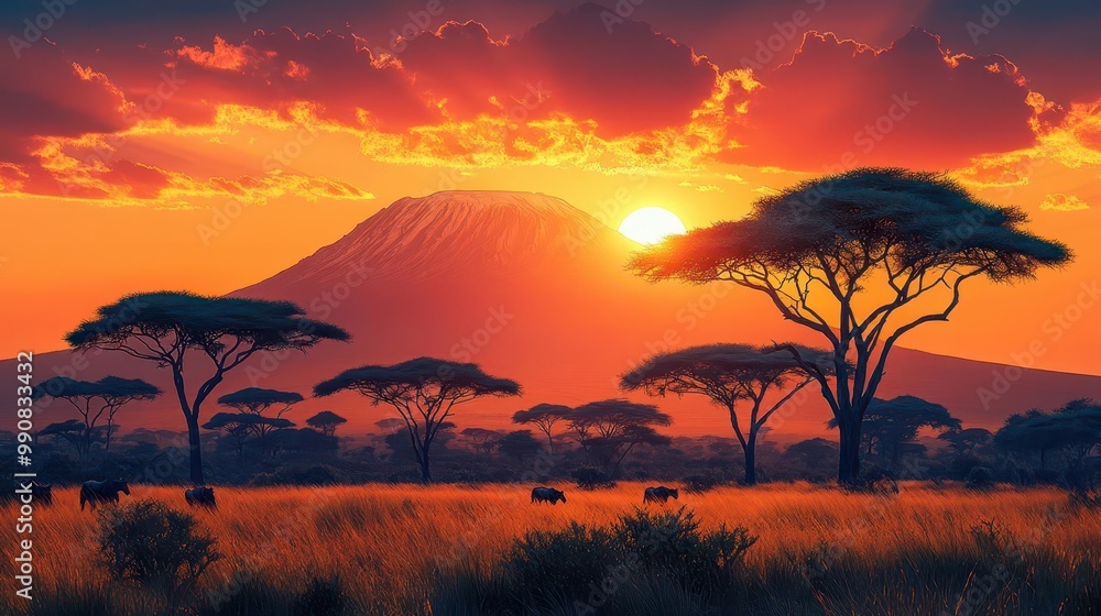 Naklejka premium panoramic vista of an african savanna at golden hour acacia trees silhouetted against a burnt orange sky distant mountain range wildlife roaming