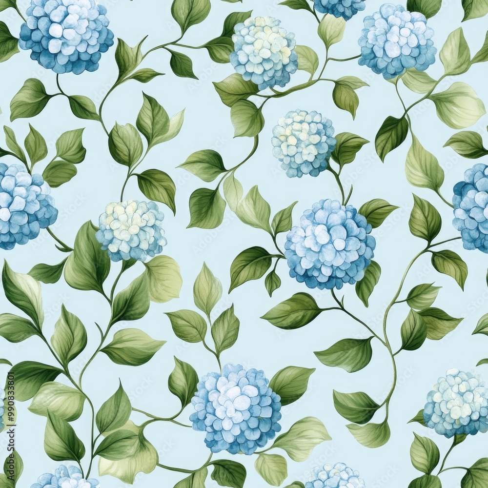 A floral pattern featuring blue hydrangeas on a soft blue background, interspersed with green leaves, creating a fresh and vibrant look. A floral pattern featuring blue hydrangeas on a soft blue background, interspersed with green leaves, creating a fresh and vibrant look.