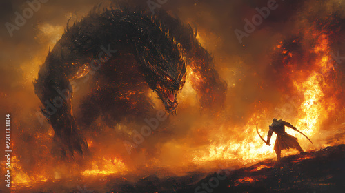 Myth of beowulf battling grendel ancient anglosaxon epic dark and fearsome creature mead hall in flames heroic struggle medieval legend. Medieval Battle. Illustration