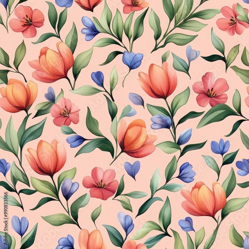 A vibrant floral pattern featuring peach, pink, and blue flowers, intertwined with lush green leaves on a soft pink background.