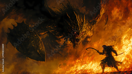 Myth of beowulf battling grendel ancient anglosaxon epic dark and fearsome creature mead hall in flames heroic struggle medieval legend. Medieval Battle. Illustration photo