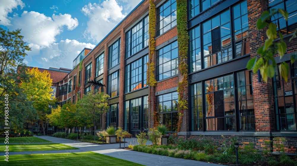 A modern brick building with large windows and a grassy courtyard. The building has a contemporary feel, with a mix of old and new architecture. A modern brick building with large windows and a grassy courtyard. The building has a contemporary feel, with a mix of old and new architecture.