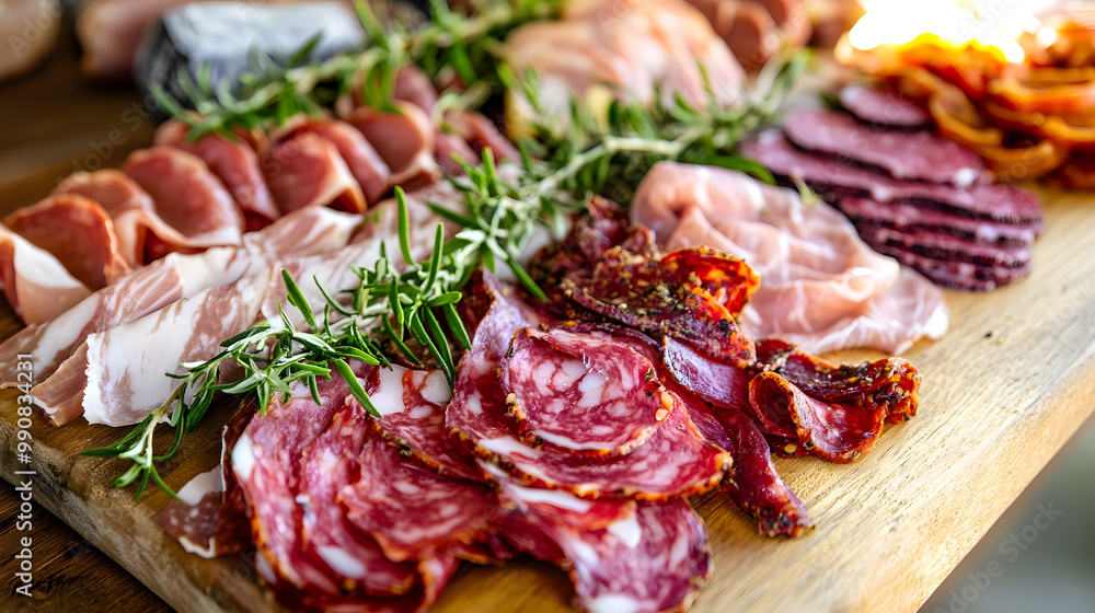 A rustic board with various cured meats like salami, pepperoni and ham with fresh herbs like rosemary A rustic board with various cured meats like salami, pepperoni and ham with fresh herbs like rosemary