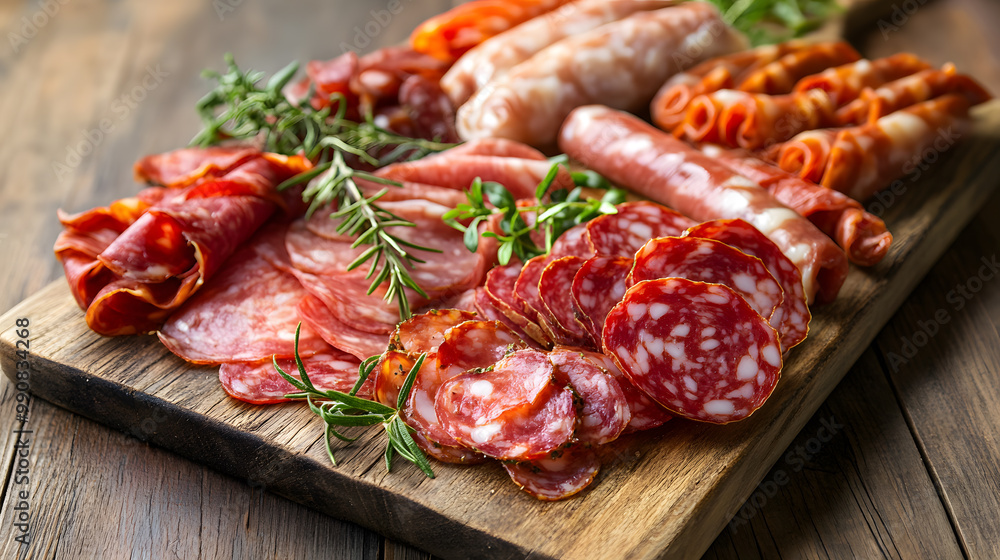 A rustic board with various cured meats like salami, pepperoni and ham with fresh herbs like rosemary A rustic board with various cured meats like salami, pepperoni and ham with fresh herbs like rosemary
