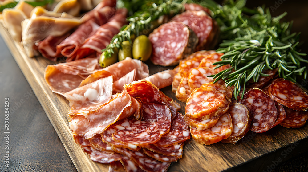 A rustic board with various cured meats like salami, pepperoni and ham with fresh herbs like rosemary A rustic board with various cured meats like salami, pepperoni and ham with fresh herbs like rosemary