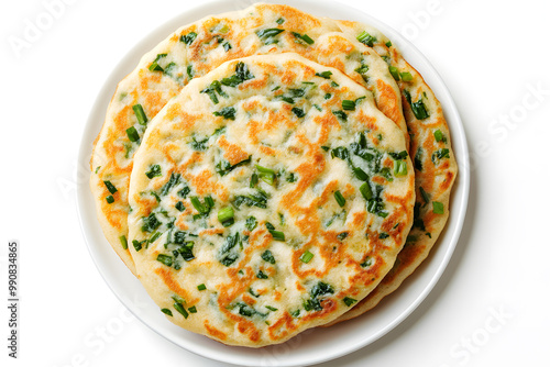 Homemade Chinese green onion pancakes top view isolated on white background