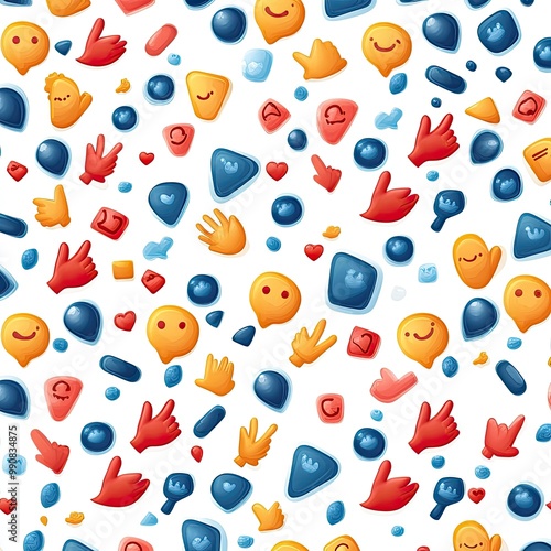 A vibrant pattern of colorful emojis and shapes, featuring various hand signs, smiley faces, and geometric forms on a white background. photo